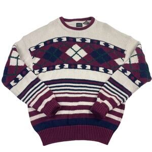 Vintage Golf Abstract Shape Burgundy, Navy, Cream, Green Sweater Size Large